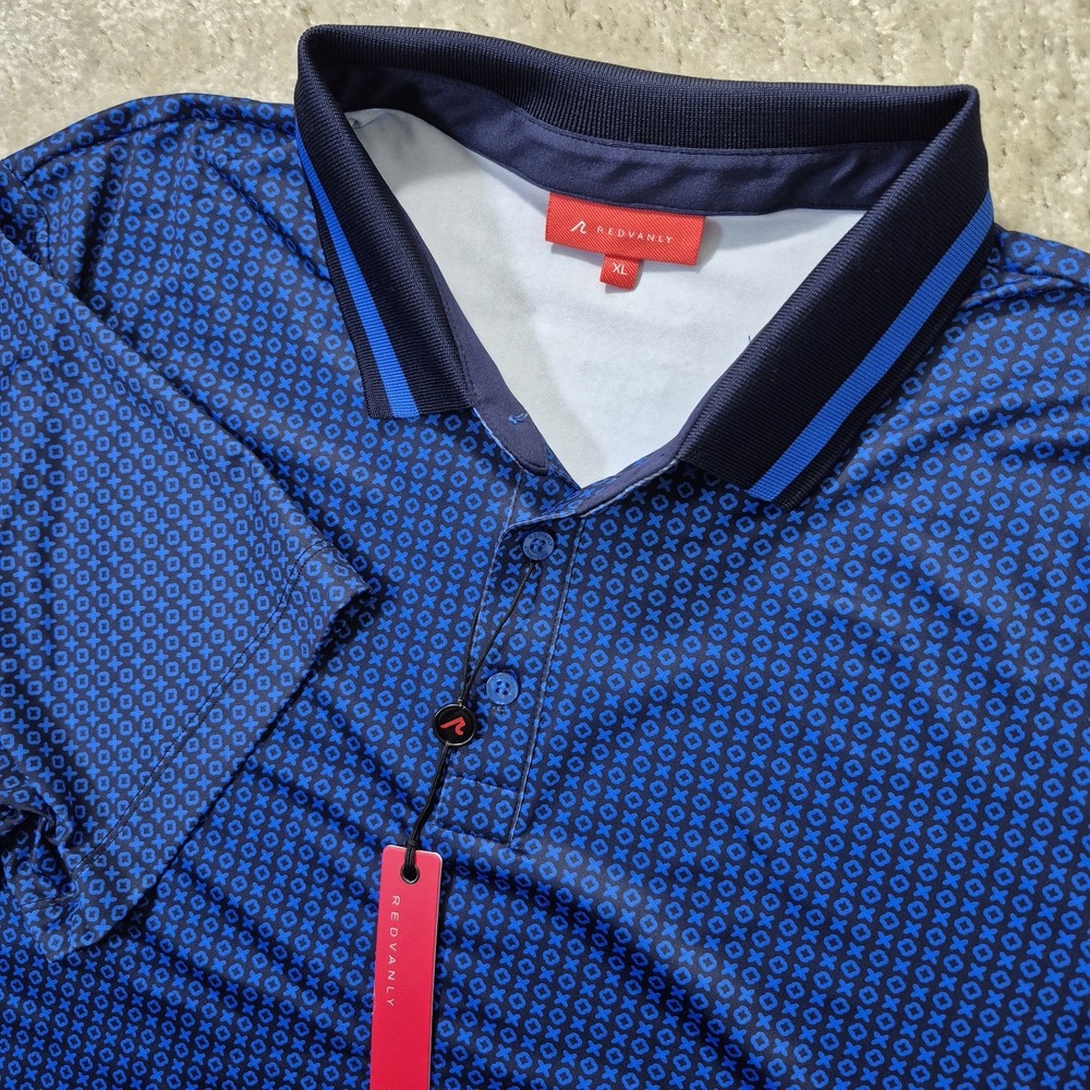 Redvanly Polo Shirt Mens XL Blue Geometric Stretch Performance Golf Preppy New